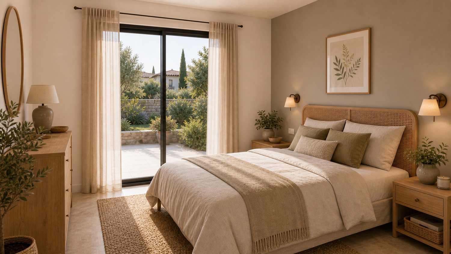 Rendu 3D d'une chambre parentale chaleureuse et elegante