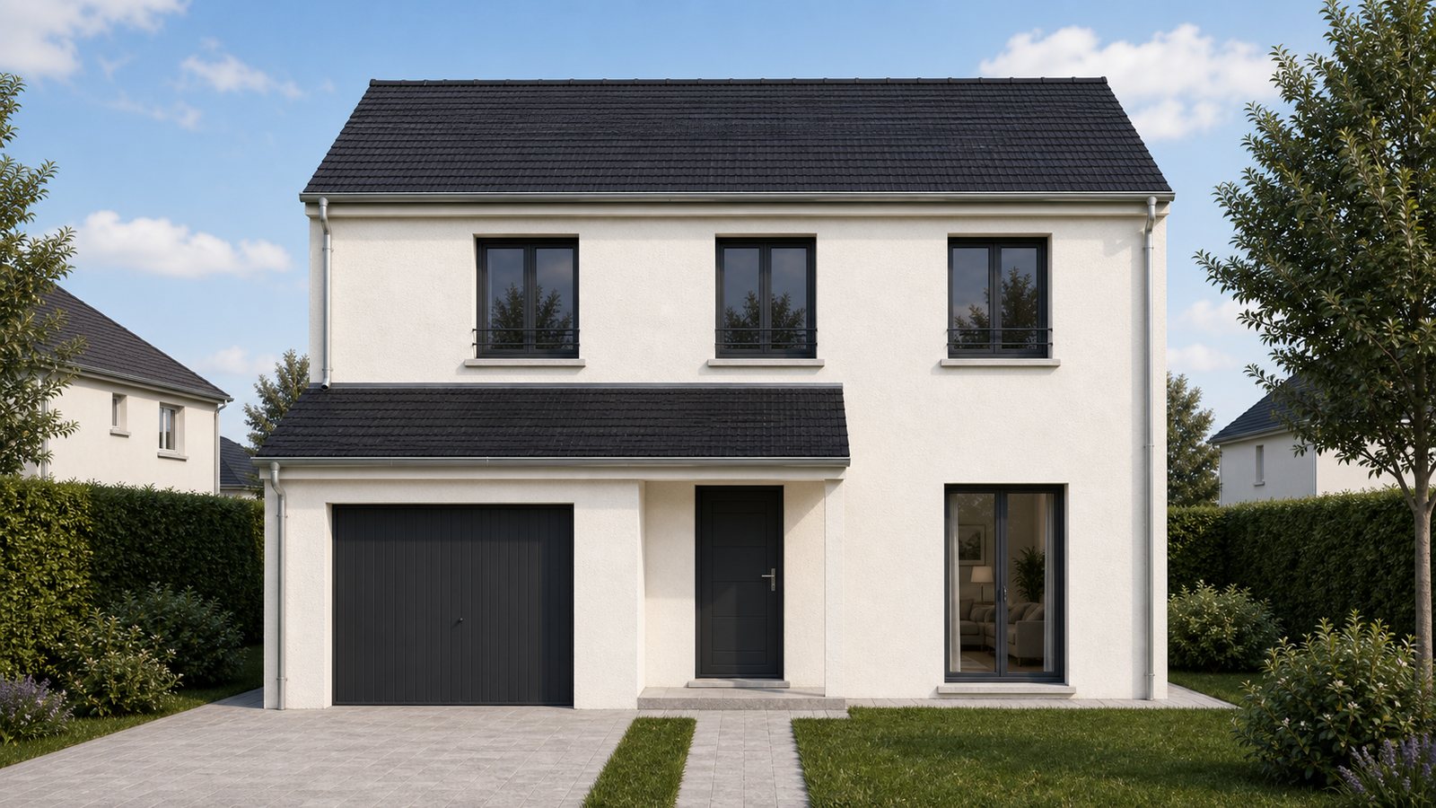 Perspective 3D maison contemporaine avec facade sobre et garage