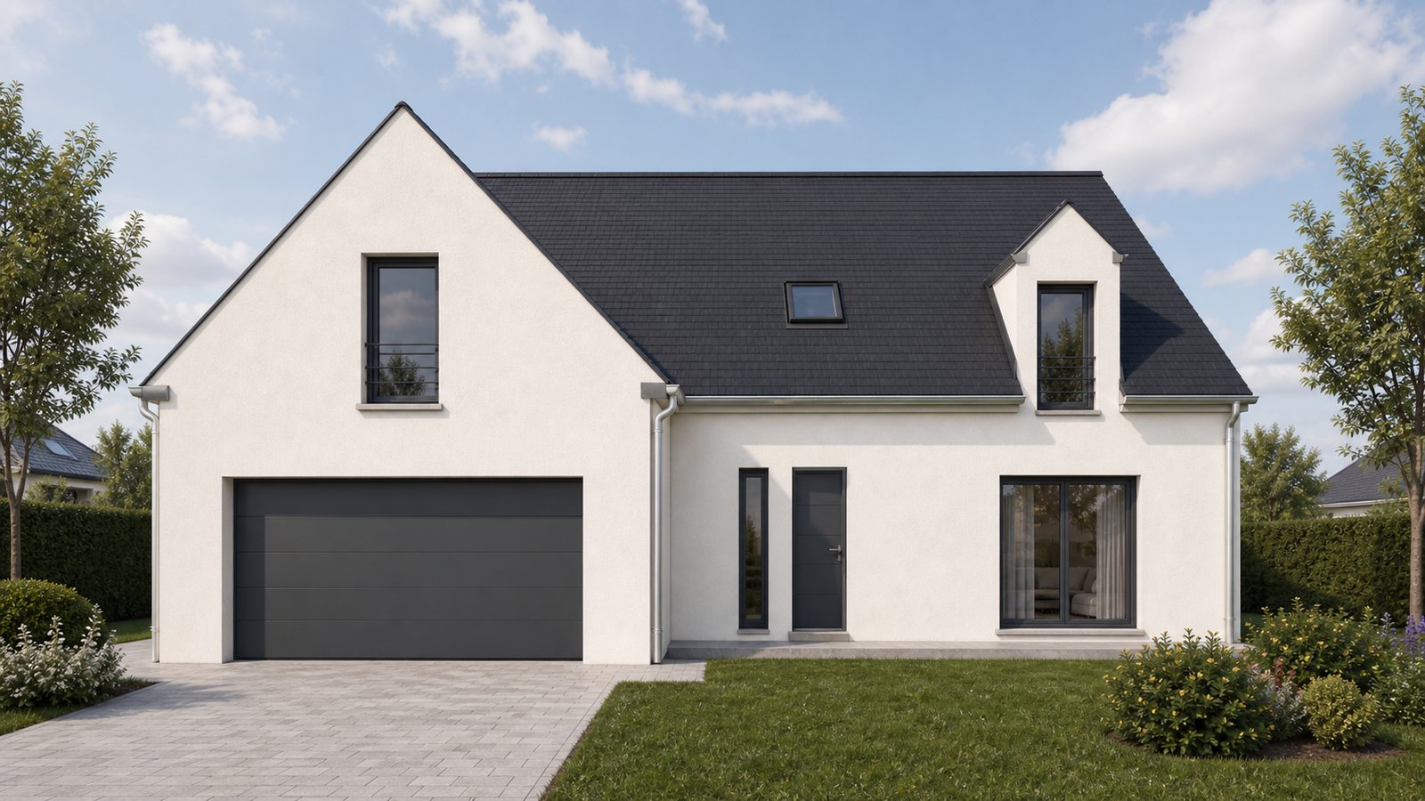 Rendu 3D d'une maison contemporaine a etage avec garage