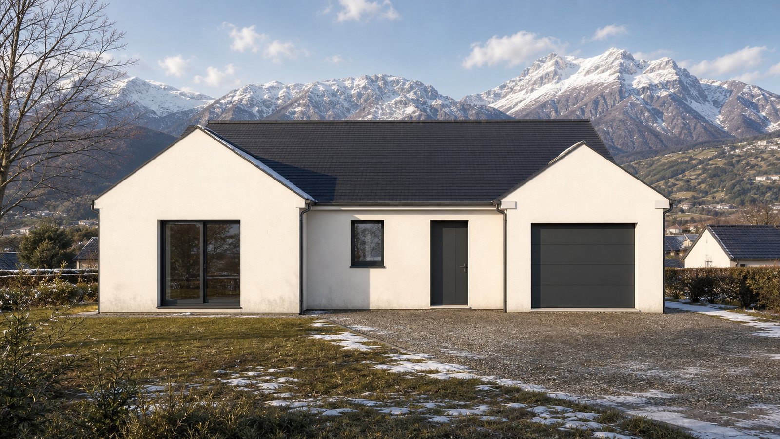 Perspective immobiliere d'une maison contemporaine dans un paysage de montagne
