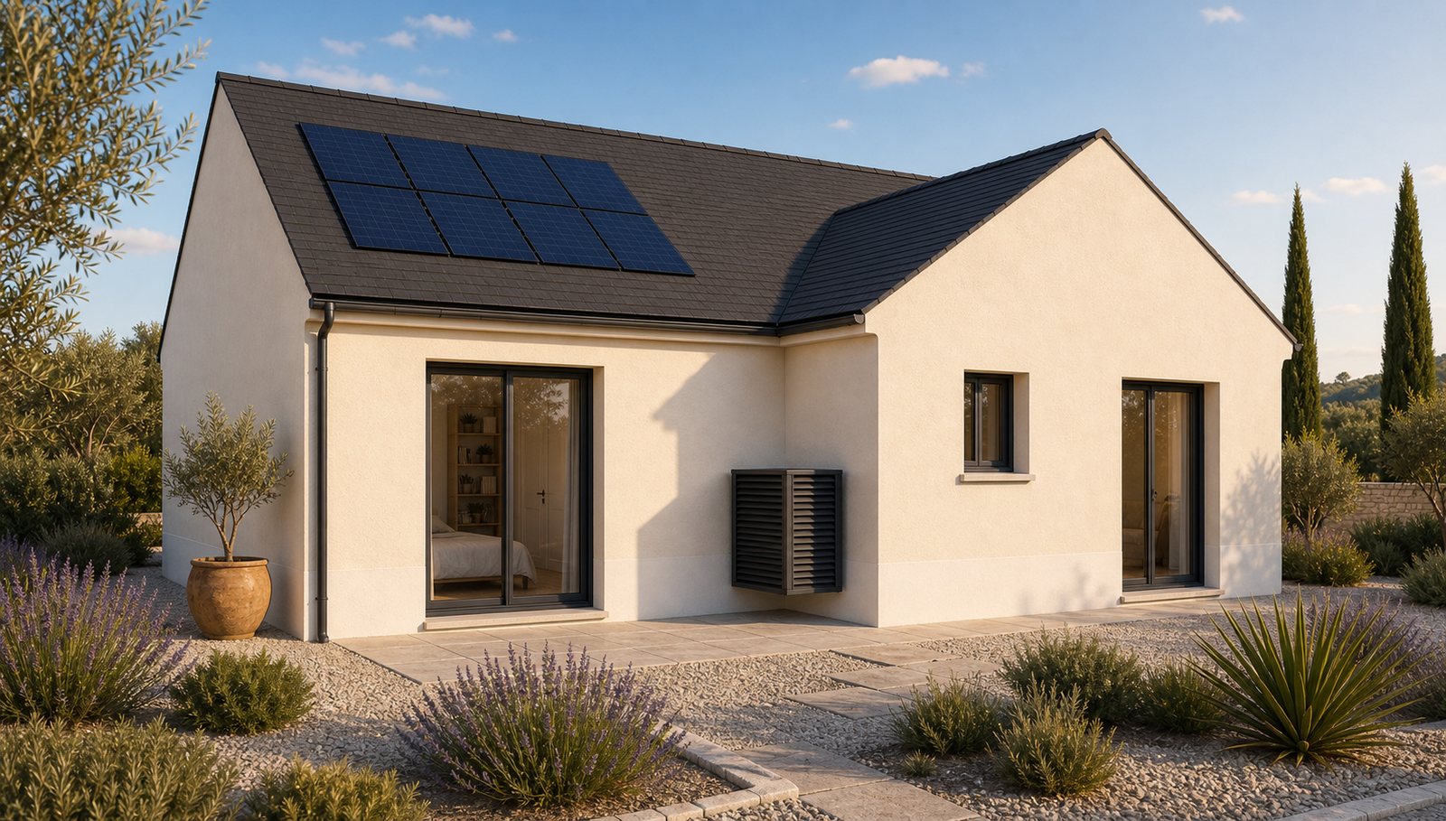 Perspective 3D laterale d'une maison contemporaine avec terrasse et bassin
