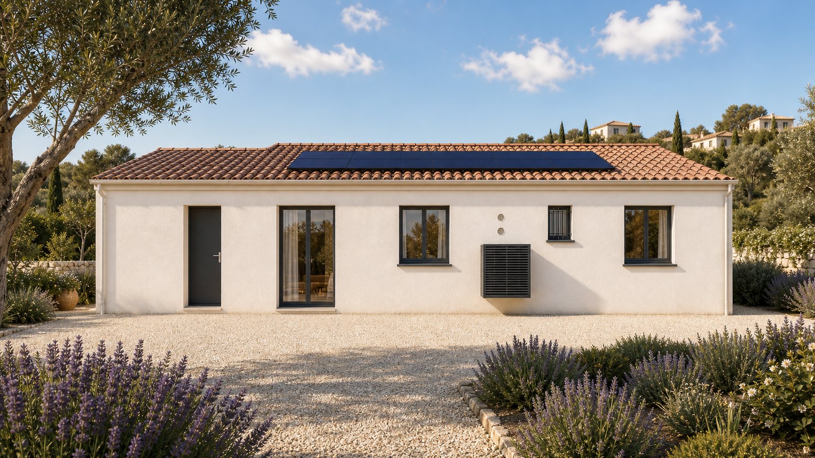 Rendu 3D exterieur d'une maison plain-pied en ambiance sud