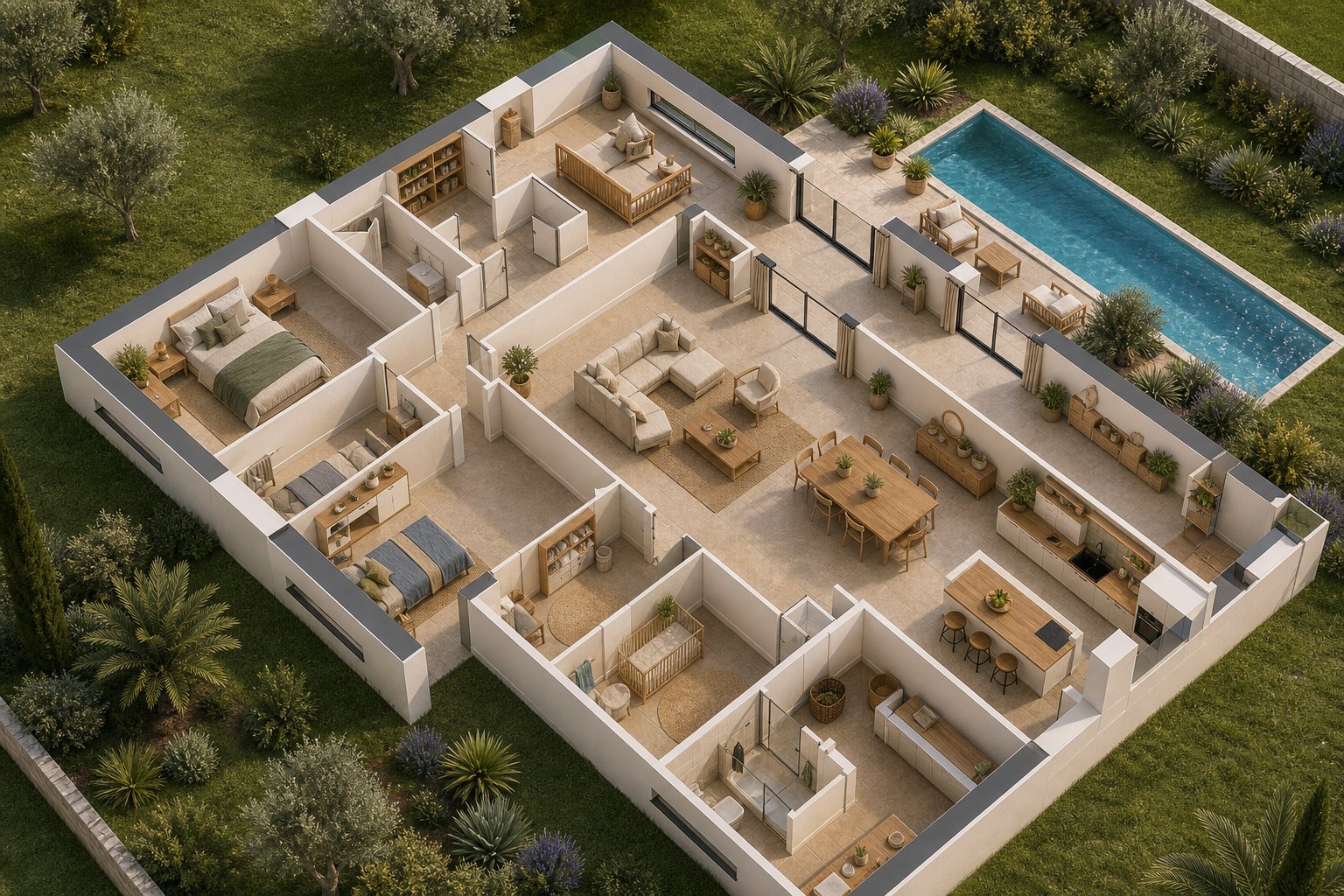 Plan 3D photorealiste d'une maison avec amenagement interieur et piscine