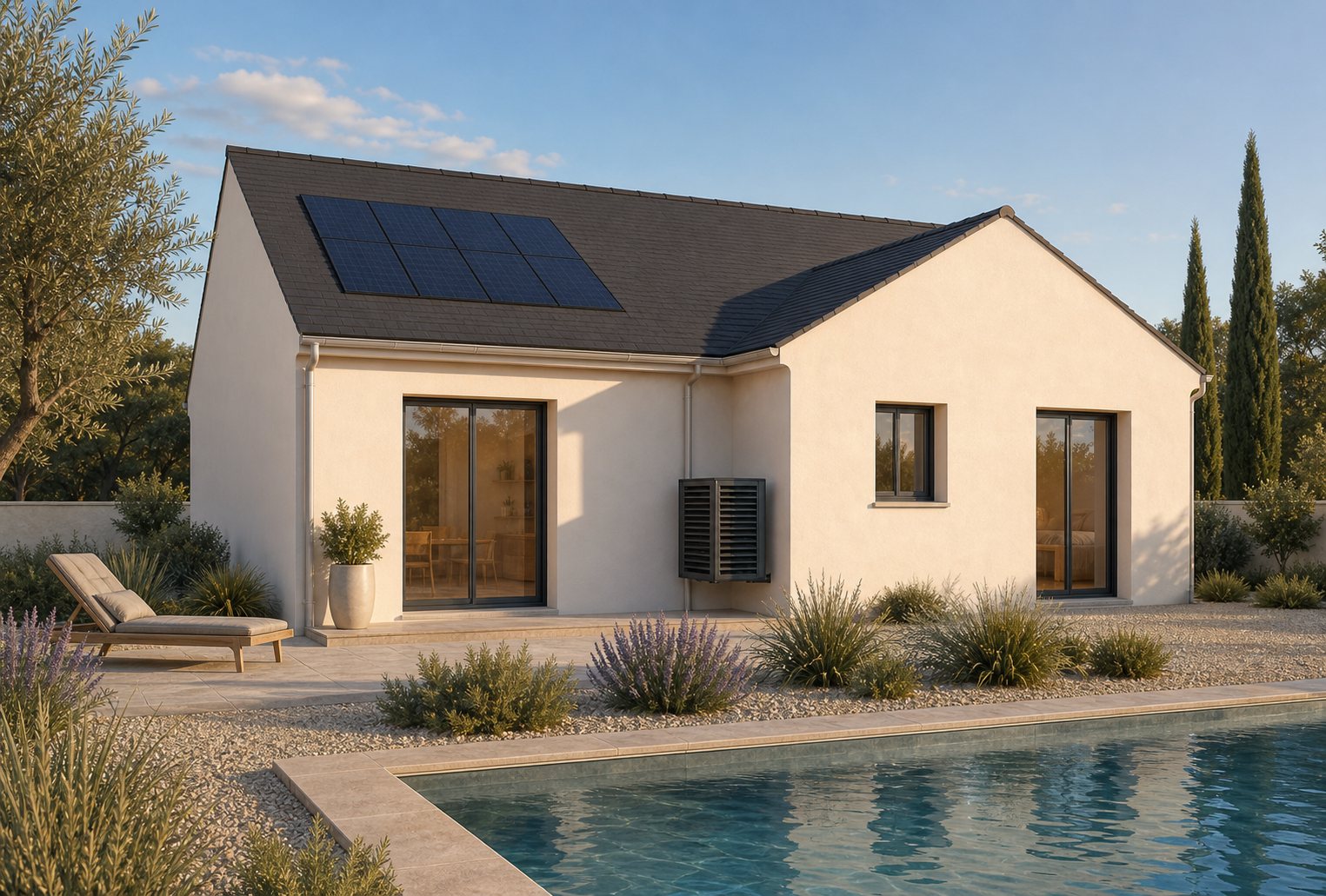 Perspective 3D exterieure d'une villa contemporaine avec piscine et terrasse