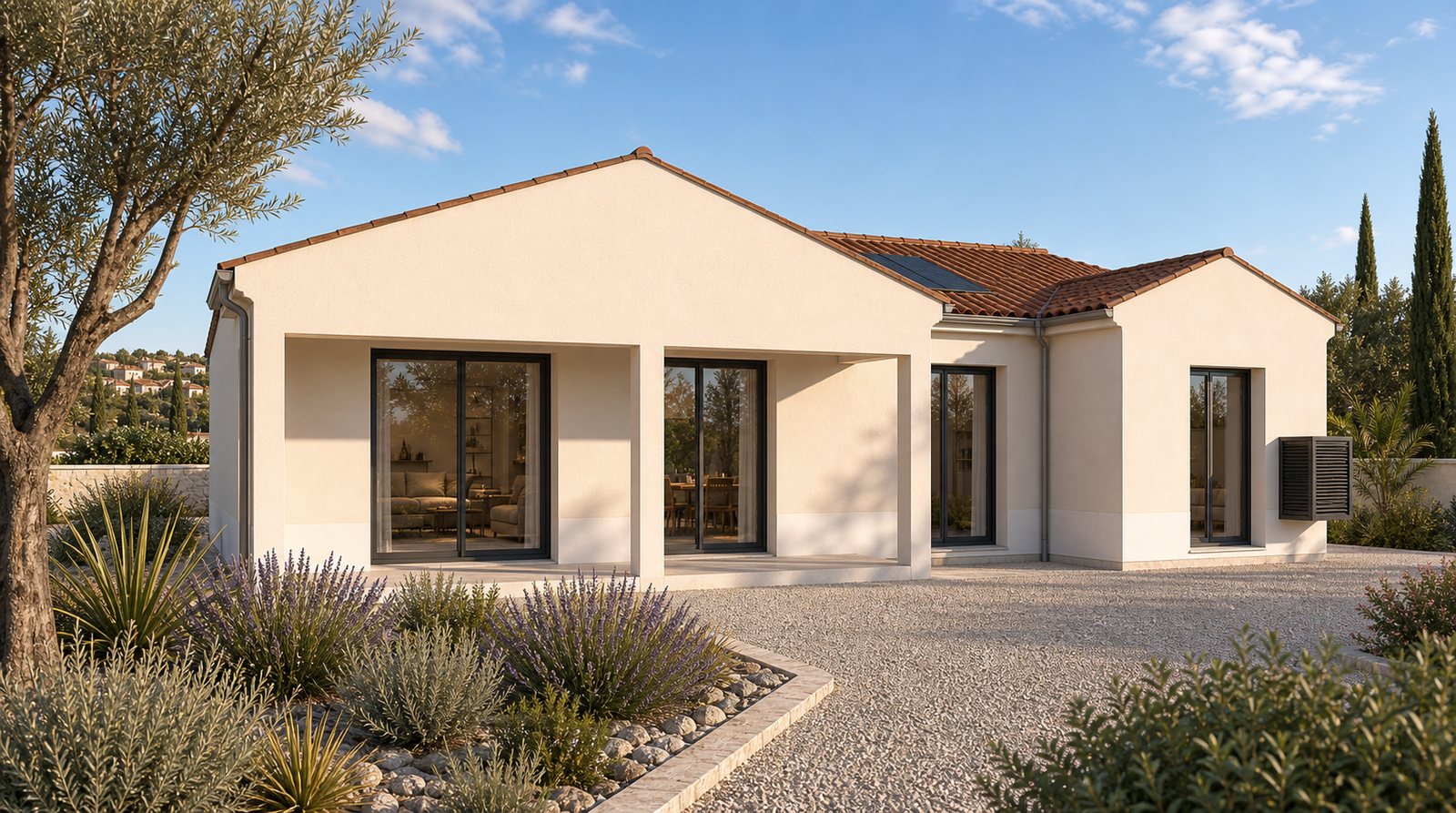 Rendu 3D d'une maison contemporaine en volume en L